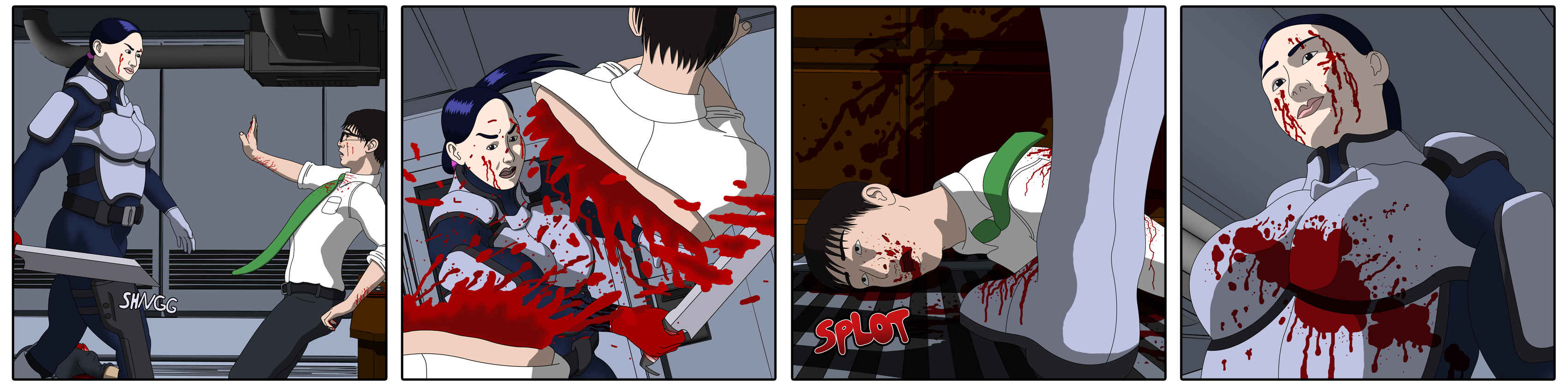 A blood-spattered Pela looks down at us