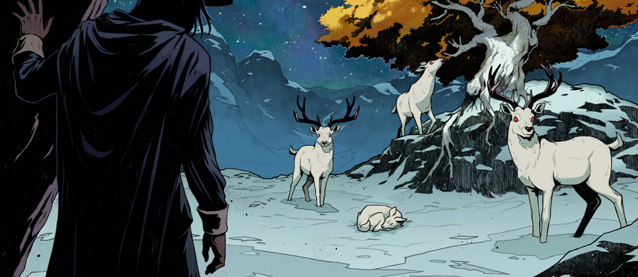 A man encounters white deer on a snowy plateau