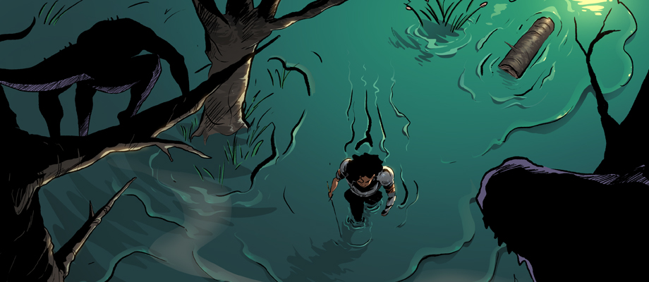 A knight wades
				through a prehistoric swamp as reptilian men watch from the trees above