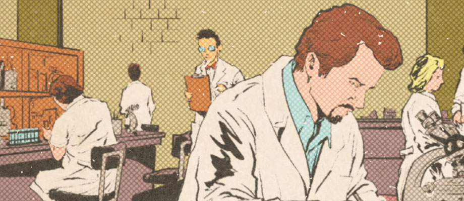 1950s scientists
				at work in a laboratory