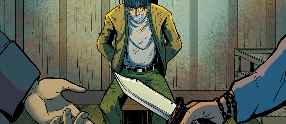 A man bound in the background,
				in the foreground, a knife exchanges hands