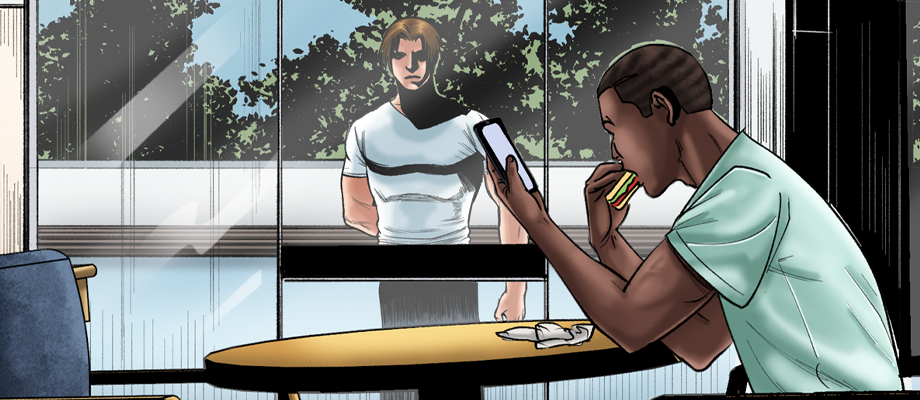 A suspicious-looking
				man peers into a room where another man is eating and looking at his phone