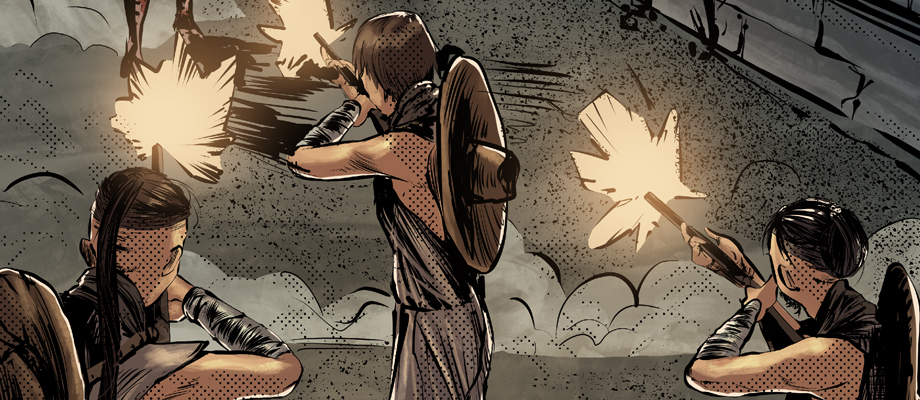 Three men fire antiquated rifles