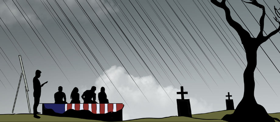 A military funeral
				on a rainy day