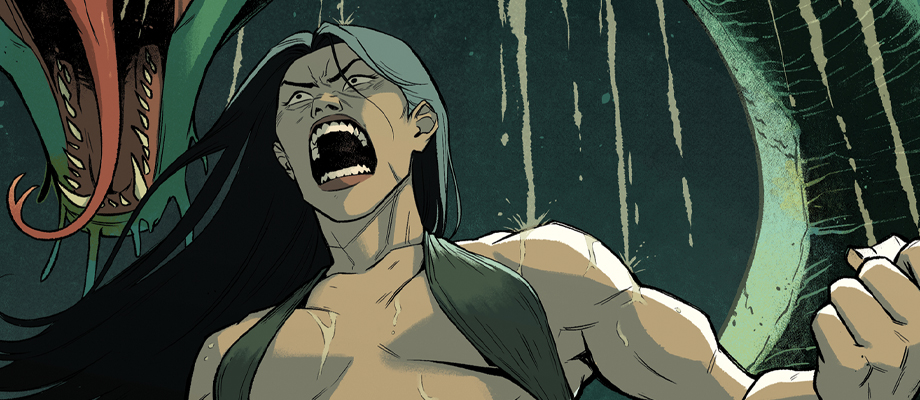 A muscular woman screams
                vengeful anger into the heavens.